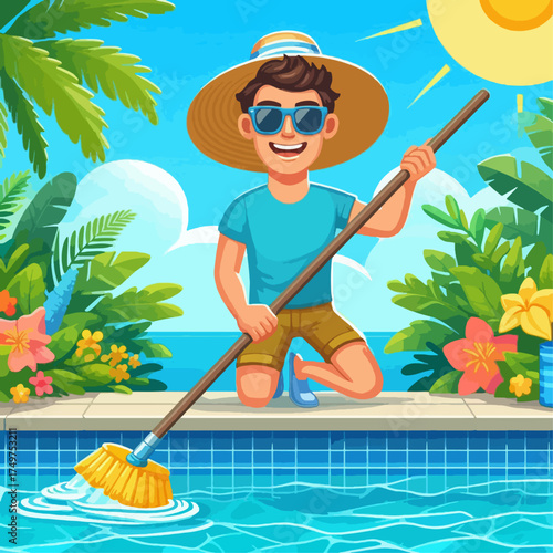 Cartoon man cleaning a swimming pool with a brush on a sunny day.