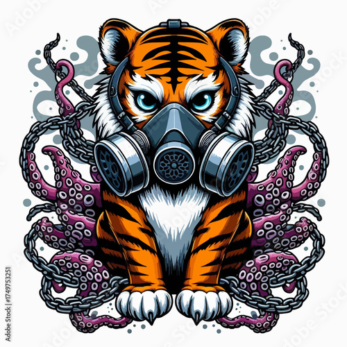 A fierce tiger cub wearing a gas mask with purple octopus tentacles and chains.