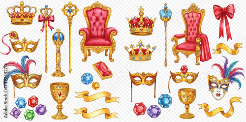 Watercolor illustration set of royal accessories like golden crowns, scepters, and thrones, alongside festive masquerade masks, ribbons, and colorful gems.