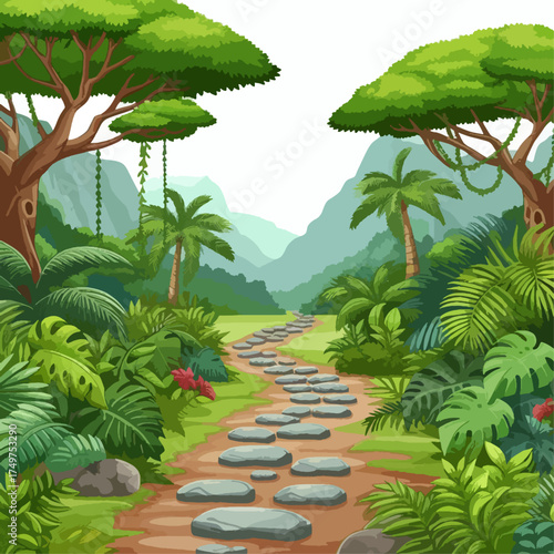 A winding stone path leads through a vibrant, lush tropical jungle with dense foliage, tall trees, and distant mountains under a bright sky.