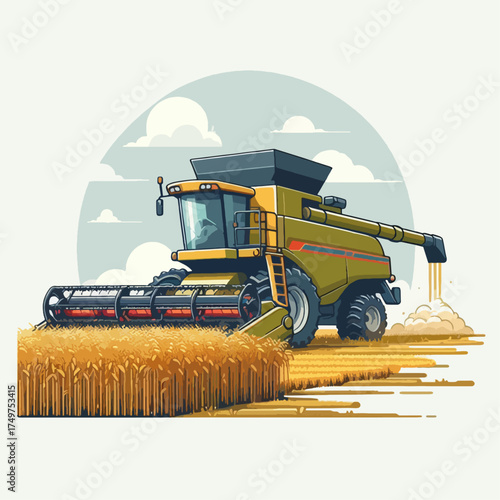 A combine harvester working in a golden wheat field under a clear sky, illustrating modern agricultural practices.