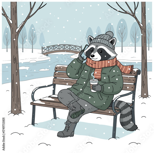 A cute raccoon sitting on a bench in a snowy park, holding a smartphone. Cozy winter atmosphere and soft hand-drawn illustration style.