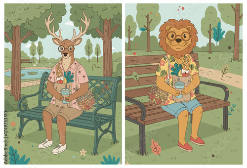Deer and Lion Sitting Together in the Park – Hand-Drawn Summer Animal Illustration