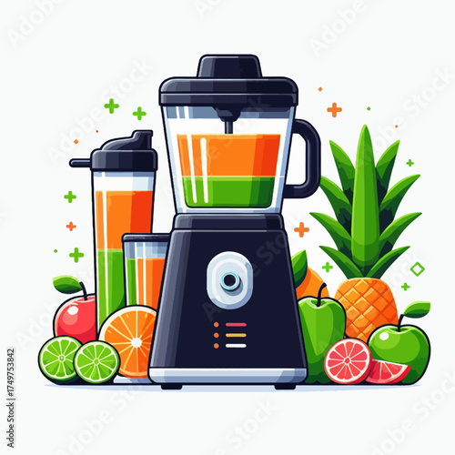 A modern kitchen blender with fresh layered fruit juice, surrounded by pineapple, apples, and citrus.