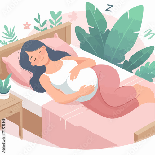 Illustration of a pregnant woman sleeping peacefully on her side in a cozy bed, gently holding her baby bump.
