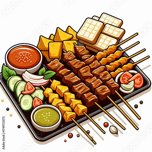 A vibrant illustration of a traditional satay platter with grilled meat skewers, rice cakes, and dipping sauces.