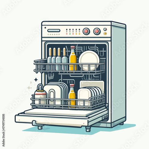 A cartoon illustration of an open dishwasher filled with clean dishes, glasses, and bottles on two racks.