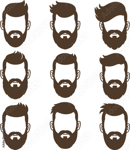 A set of nine diverse vector illustrations of faceless male heads featuring various modern beard and hairstyle combinations.