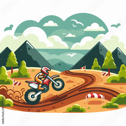Motocross rider on a dirt track with mountains and trees in the background.