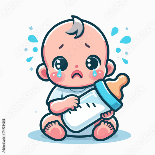A cute cartoon baby is crying and holding a bottle, looking sad and upset.