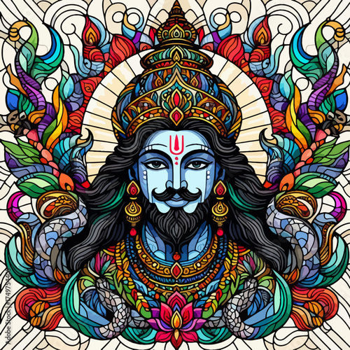 Vibrant stained glass portrait of a blue-skinned Hindu deity with a mustache and snakes.