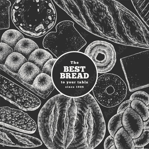 Hand Drawn Vector Bakery Chalk Board Illustration. Not AI Generated. Retro Bread Kinds Design Template. Old School Baking Products