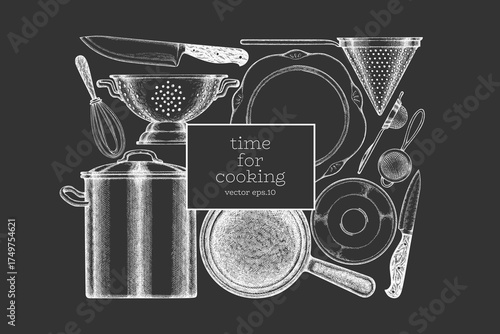 Vintage Hand Drawn Vector Design Template of Cutlery. Not AI Generated. Chalk Board Retro Utensils Engraved Kitchen Old Style Illustration