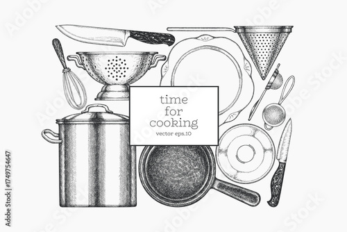 Vintage Hand Drawn Vector Design Template of Cutlery. Not AI Generated. Retro Utensils Engraved Kitchen Old Style Illustration