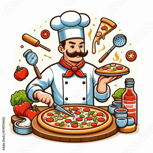 A cartoon illustration of a smiling male chef preparing and arranging grilled skewers on a wooden board with sauce.