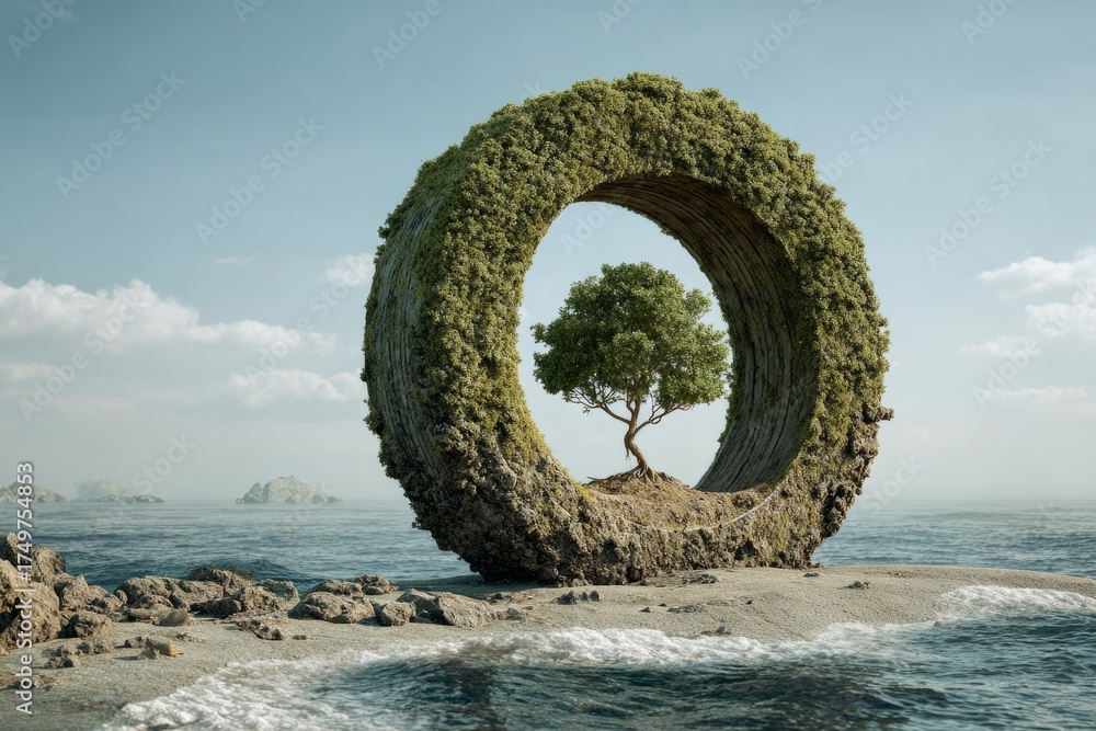 Fototapeta premium Green tree growing inside a circular island structure