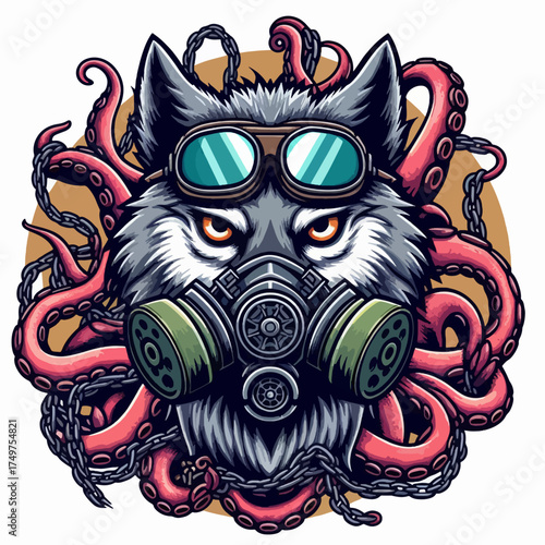 Intense illustration of a wolf wearing steampunk goggles and a gas mask, surrounded by red octopus tentacles and chains.