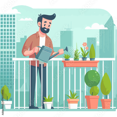 A man with a beard watering his collection of potted plants on a modern city apartment balcony.