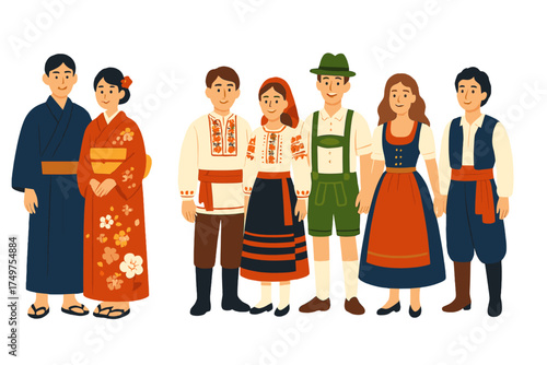 Diverse couples in traditional national costumes from various countries