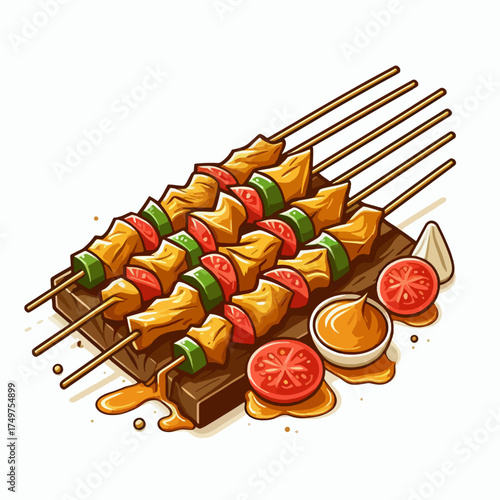 A close-up illustration of delicious chicken skewers with tomatoes and green peppers, served on a wooden board with dipping sauce.