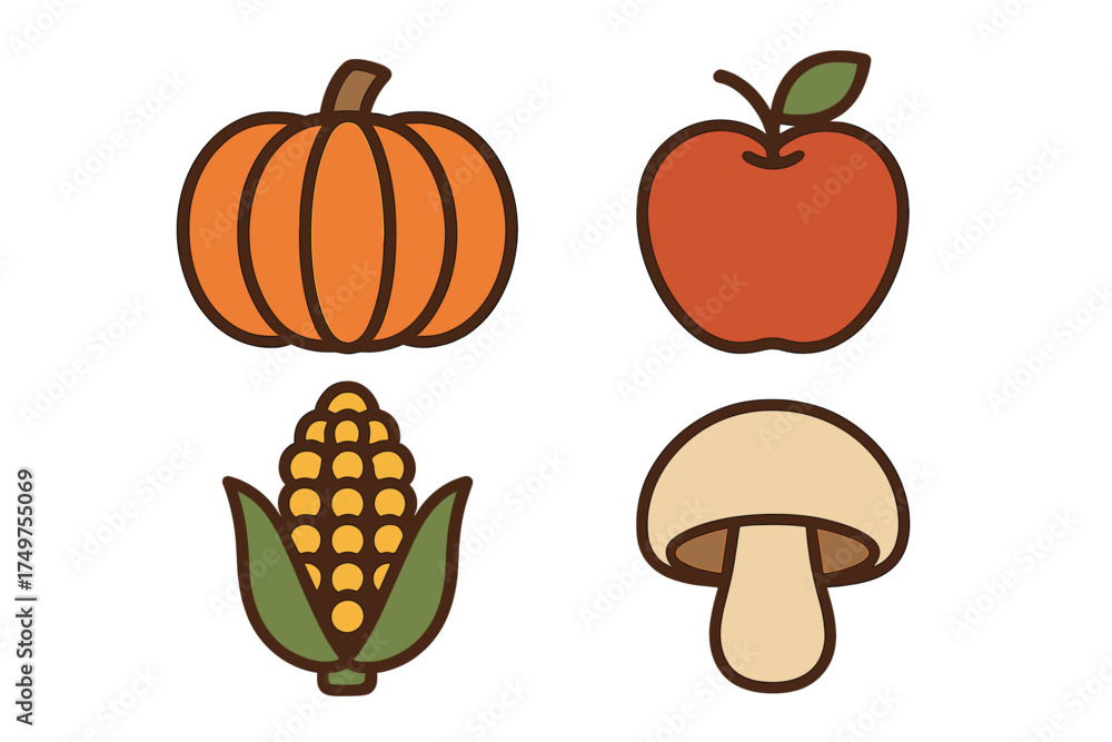 Obraz premium Set of four autumn harvest food icons including pumpkin, apple, corn, and mushroom