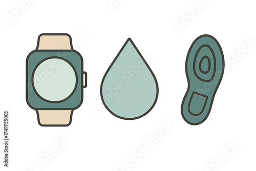 Fitness tracking icons: smartwatch, water drop, and shoe print symbols