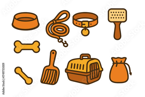 Essential dog care and grooming supplies icons set