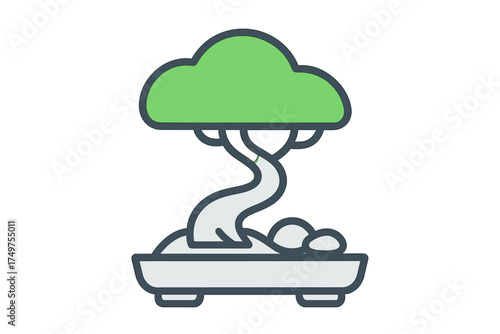 Miniature potted tree with curved trunk and lush green foliage