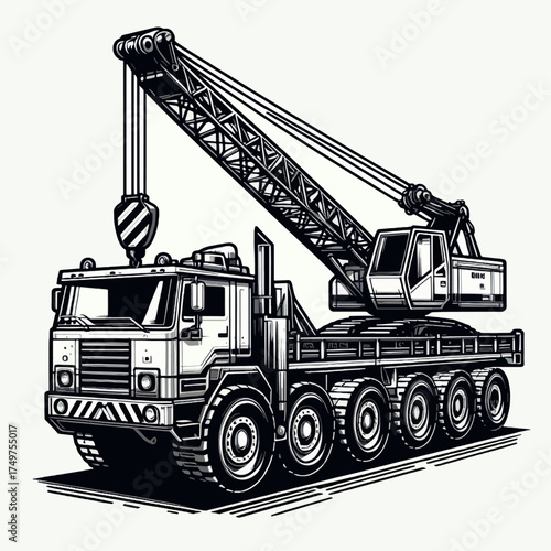 Detailed black and white line art illustration of a heavy-duty mobile crane truck with a long boom and hook, used for lifting and construction.