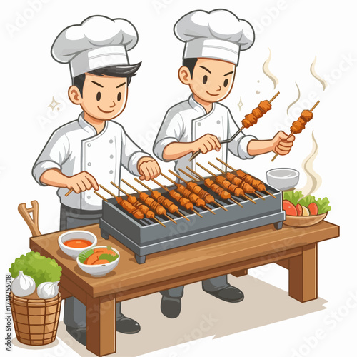 A cartoon illustration of a smiling male chef preparing and arranging grilled skewers on a wooden board with sauce.