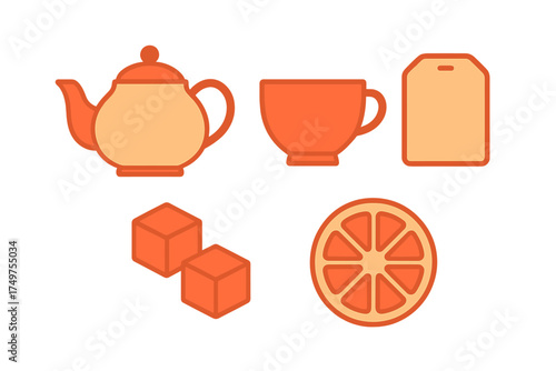 Teapot cup tea bag sugar cubes and citrus slice icons set