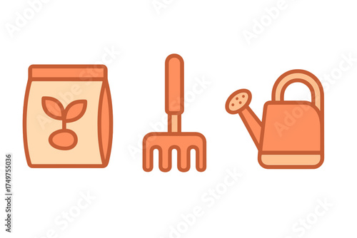 Set of essential gardening tools icons including seeds fertilizer and watering can