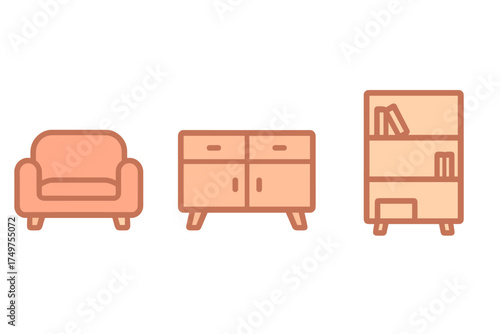Simple icons of living room furniture: armchair, cabinet, and bookshelf
