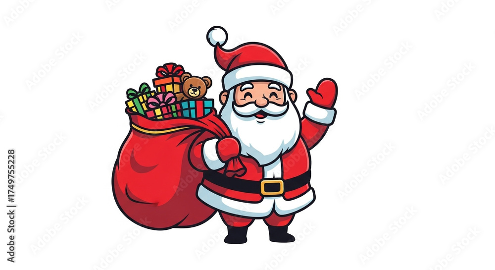 Obraz premium Merry Christmas and happy holiday season: cartoon illustration of Santa Claus with a red bag of gifts