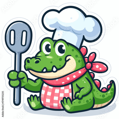A cute cartoon alligator chef wearing a hat and apron, holding a slotted spoon, smiling cheerfully with a friendly expression.