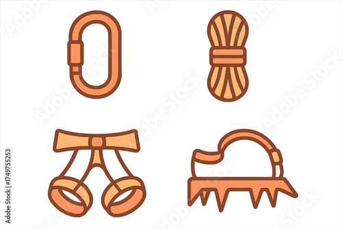 Climbing and mountaineering equipment icons set with carabiner rope harness and crampon