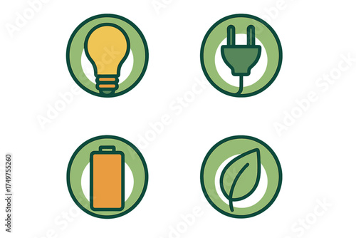 Four circular icons depicting energy sources and environmental concepts