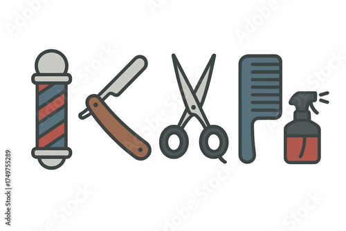 Essential barber shop tools collection featuring pole, razor, scissors, comb, and spray