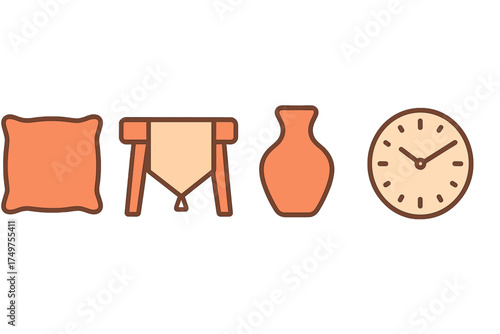Collection of simple household objects icons for interior design and time management