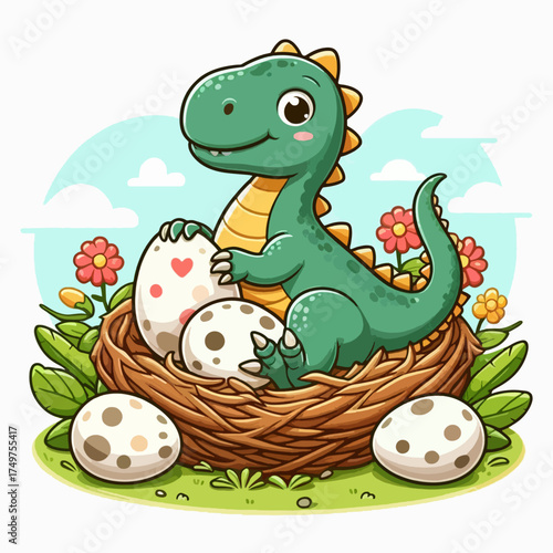An adorable cartoon baby dinosaur sitting in a nest, happily guarding its precious eggs.