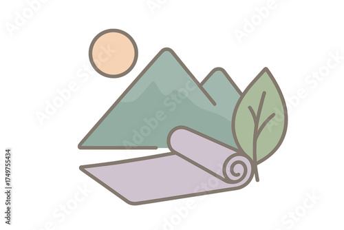 Rolled yoga mat with sun mountains and nature leaf symbol