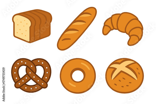 Assortment of baked goods icons including loaf, baguette, croissant, pretzel, bagel, and roll