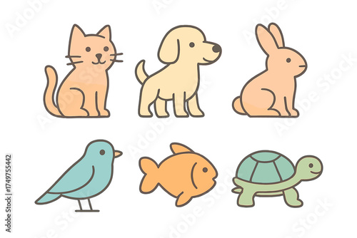 Collection of common domestic and cute cartoon pet animal symbols