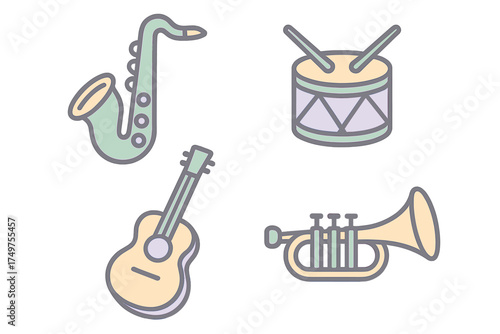 Set of four musical instrument icons including saxophone, drum, guitar, and trumpet