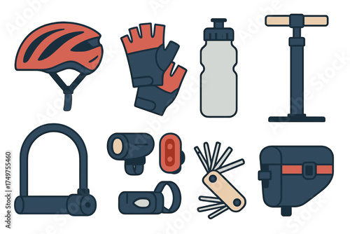 Essential bicycle accessories and safety gear icons set