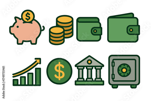 Set of financial icons including piggy bank, coins, wallet, bank, and safe