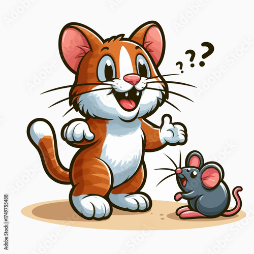 A cartoon orange and white cat giving a thumbs up to a small gray mouse with question marks above its head.
