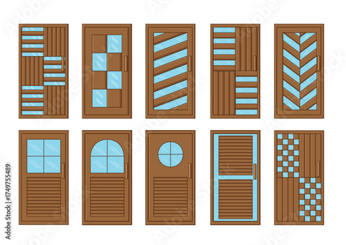 wooden door with glass design on white background illustration vector