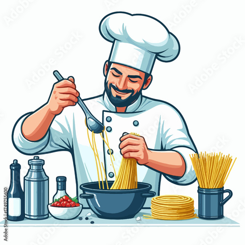 A cartoon illustration of a smiling male chef preparing and arranging grilled skewers on a wooden board with sauce.