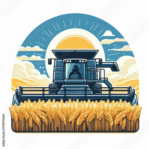 A detailed illustration of a combine harvester working in a golden wheat field under a bright sunny sky.